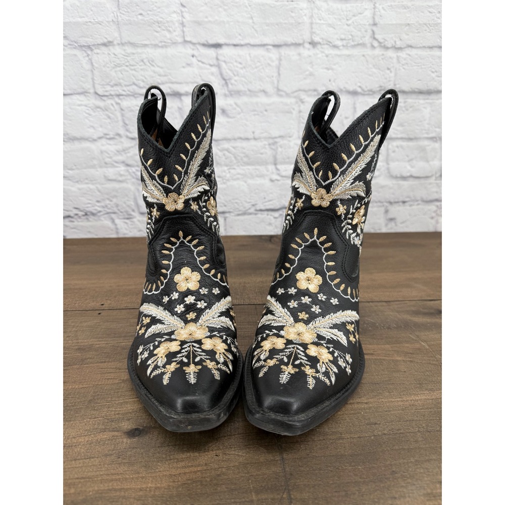 Dingo Primrose Women's 7 Black Leather Floral Embroidered Western Booties - Picture 3 of 13